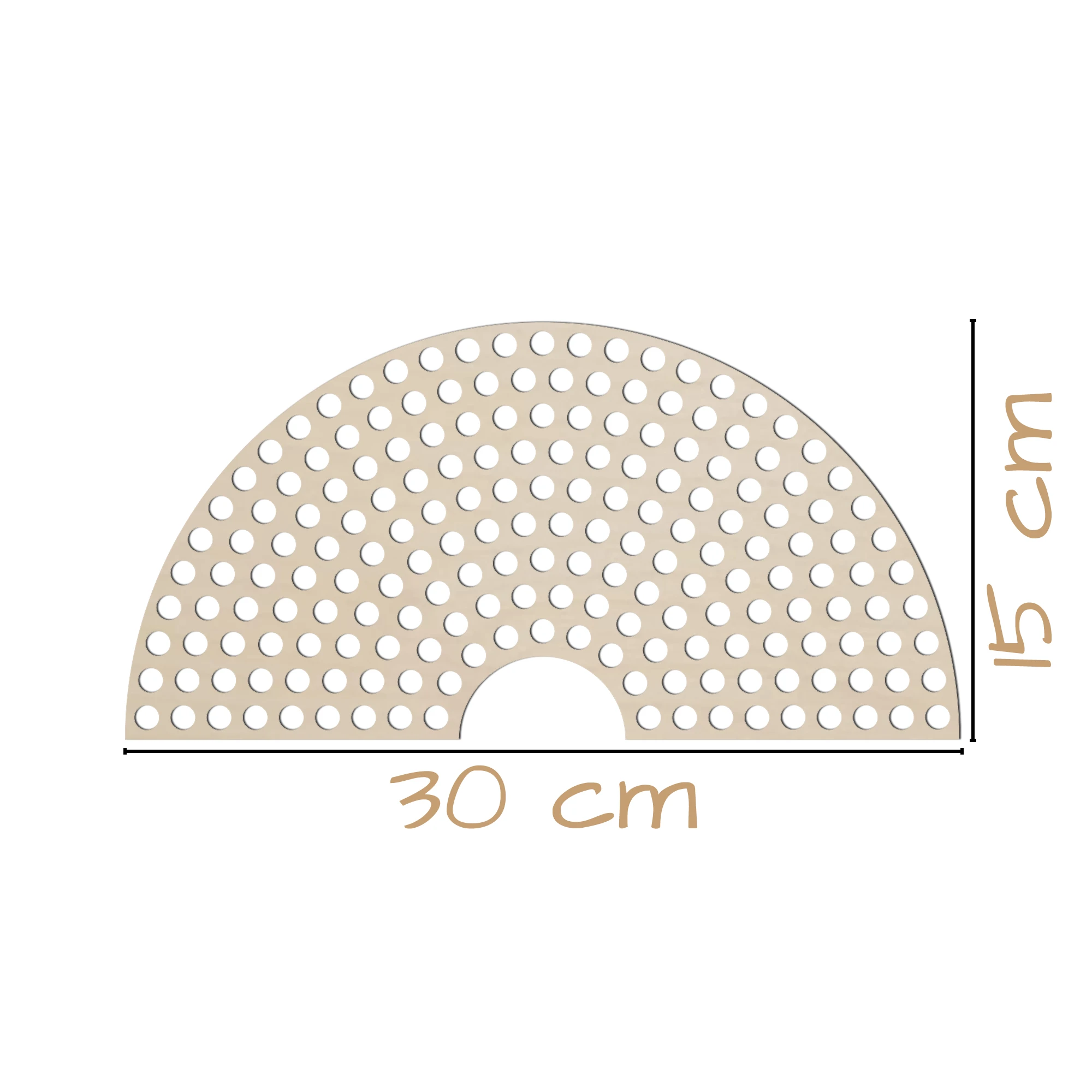 Podstawka z naturalnego drewna w kształcie tęczy, długość 30 cm, gładkie wykończenie i zaokrąglone krawędzie