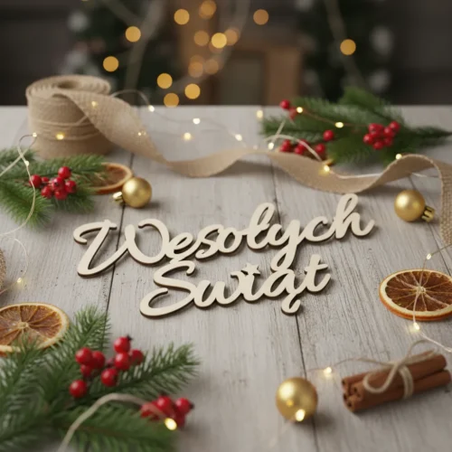 Napis drewniany WESOŁYCH ŚWIĄT łączony