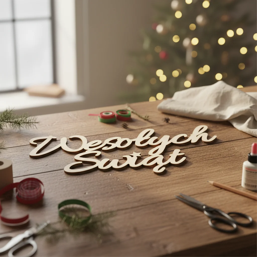 Rustykalny, łączony drewniany napis WESOŁYCH ŚWIĄT na świątecznej aranżacji z gałązek, lampek i ozdób