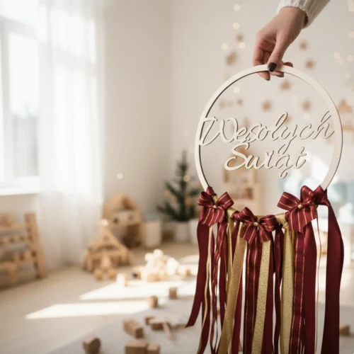 Obręcz drewniana Wesołych Świąt na łapacz snów