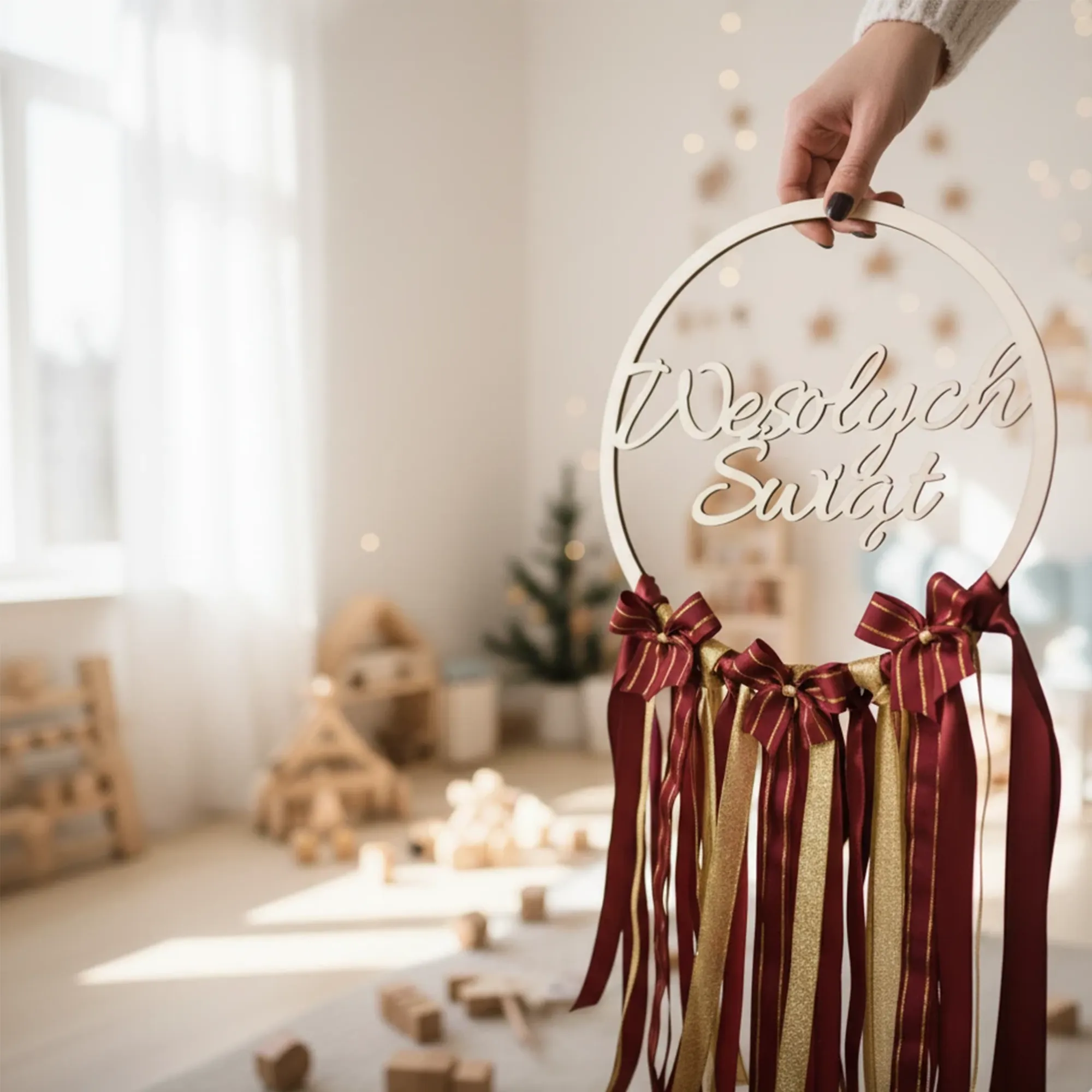 Obręcz drewniana Wesołych Świąt na łapacz snów - obrazek 2